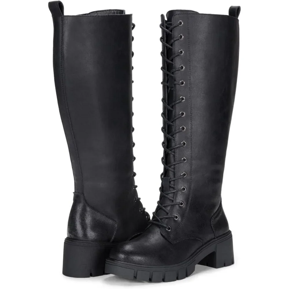 Women's Leather-black 953 Chunky Platform Heel Lace Knee High Combat Boots